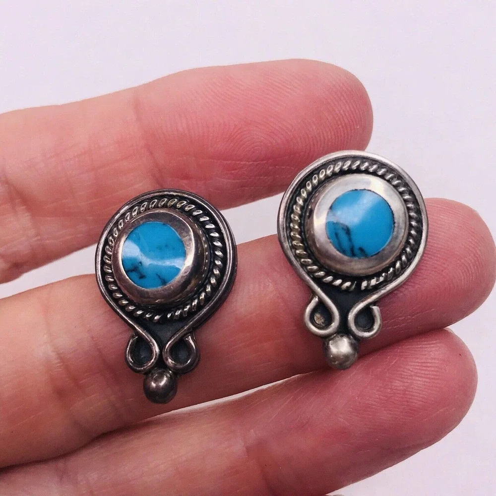 Sterling Silver Earrings Turquoise Blue Post Stud Twisted Rope Mexico 925